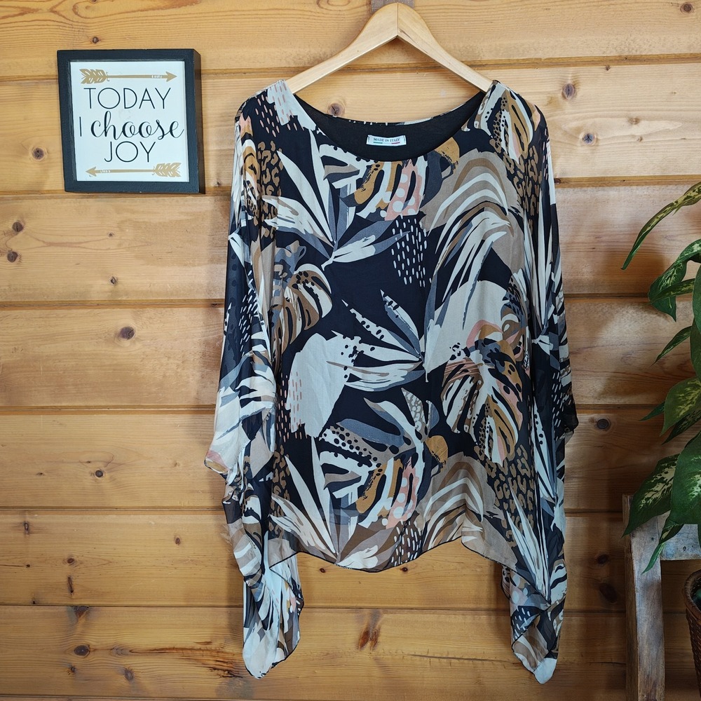 Unbranded 100% Silk Blouse Italy Chiffon Abstract Asymmetric Floral Flowy Size L